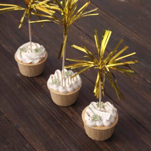 100-Pack Bamboo Skewers 9", Gold Firework Festive Foil Frills Cupcake Toppers - Cocktail Food Picks